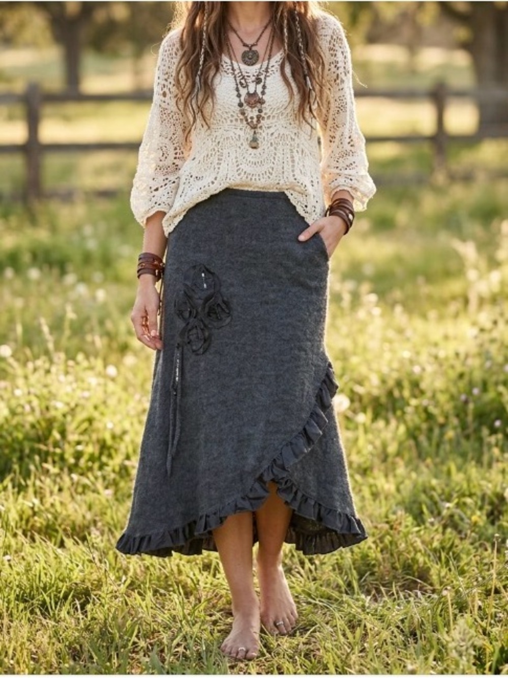 Porto Cervo Italy Beauty Mohair Blend Skirt BOHO Fringe Ruffle Long Skirt Sz M